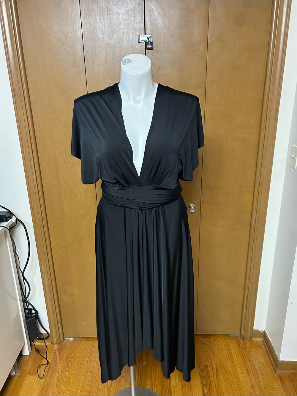 Akira Elegant Black Midi Dress with Deep V-Neck